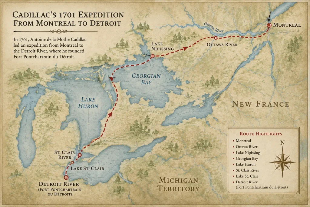 Map of Cadillac's 1701 route from Montreal to Detroit