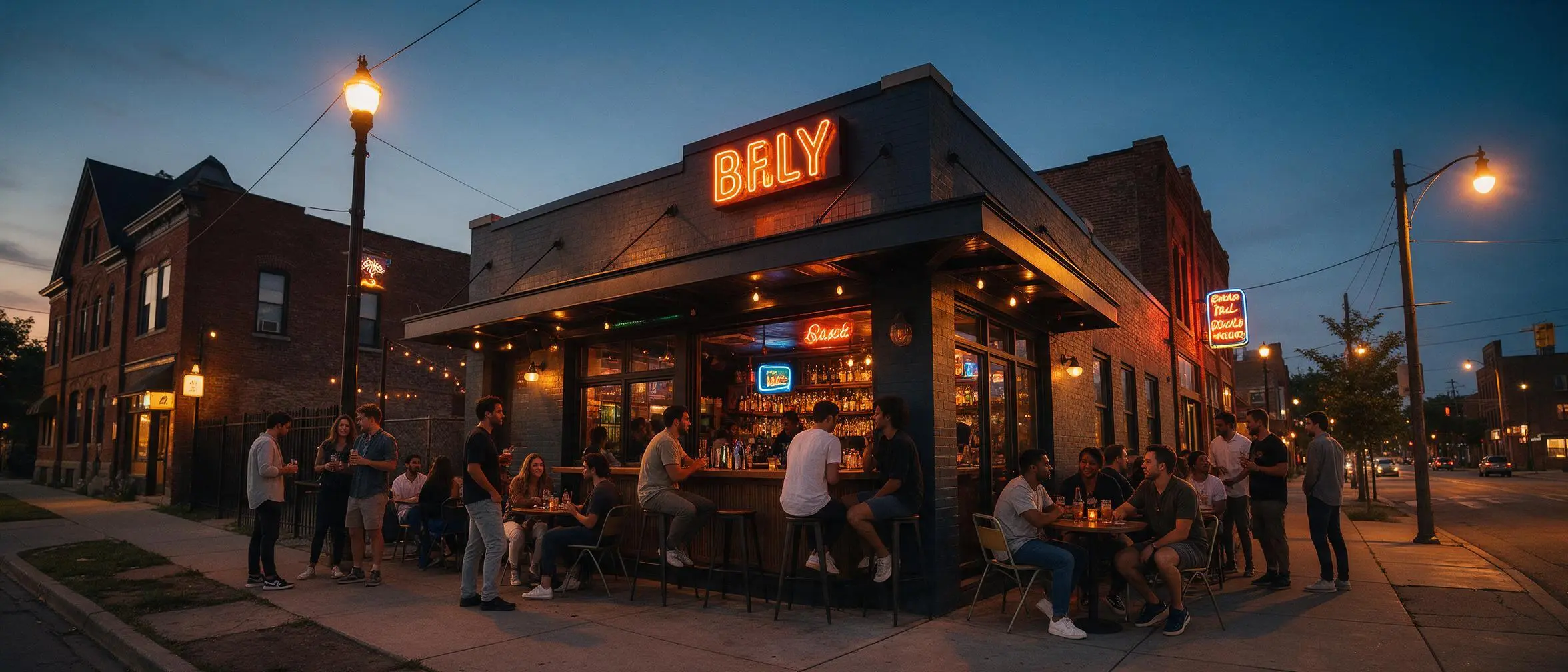 Detroit nightlife scene with locals gathering outside a lively neighborhood bar at dusk, surrounded by historic brick buildings and warm neon lights.