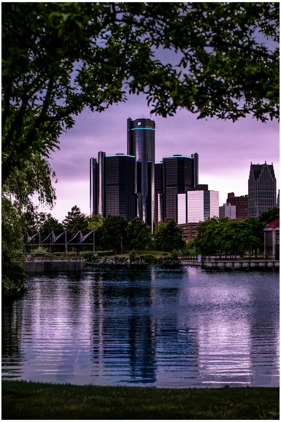 Detroit skyline reflected in the Detroit River at dusk